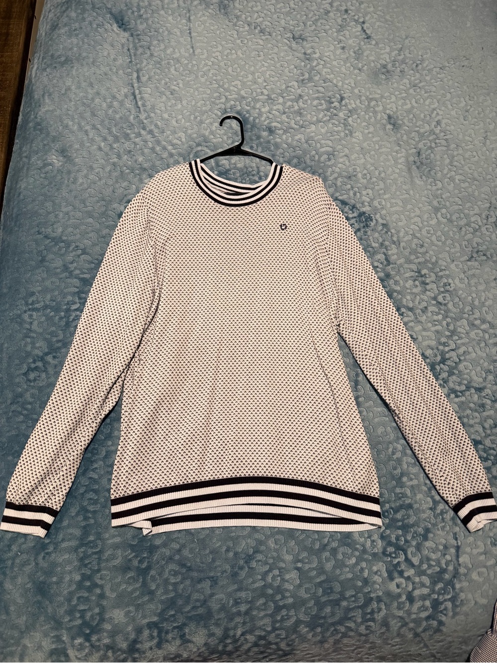 Chase Bank Lands End Striped Collar Men's Knit Sweater - Light Blue & Black